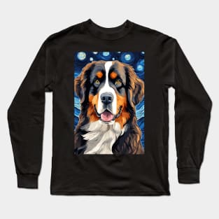 Bernese Mountain Dog Breed Painting in a Van Gogh Starry Night Art Style Long Sleeve T-Shirt